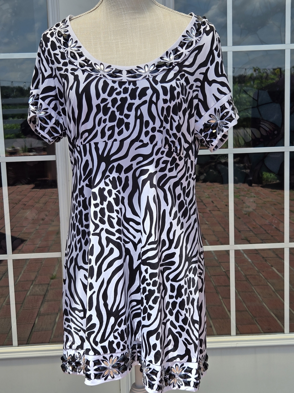 INC International Concepts Blk/Wht Animal Print Top with Embellished Trim
